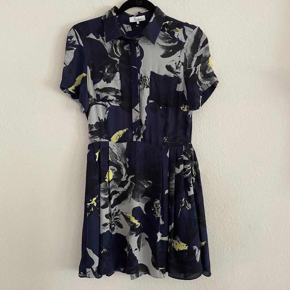 Parker Abstract Silk Navy Button Down Silk Dress - image 1